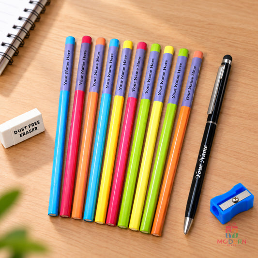 Customized pen and colorful pencil combo set with personalized names for kids and students