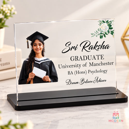 Customized graduation acrylic stand with graduate photo, name, university and course details