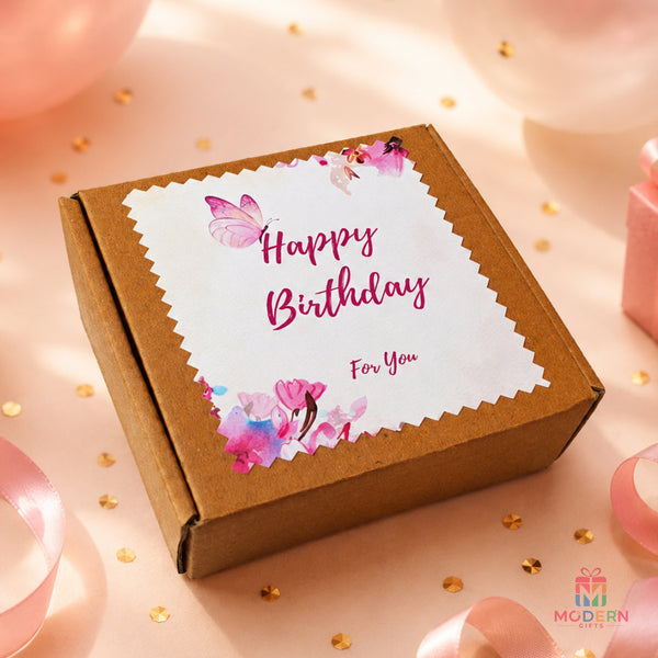 Personalized birthday gift box with birthday wishes and decorative pink butterfly design.