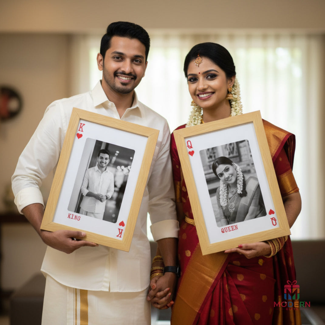 Personalized King and Queen couple photo frames held by a newly married husband and wife