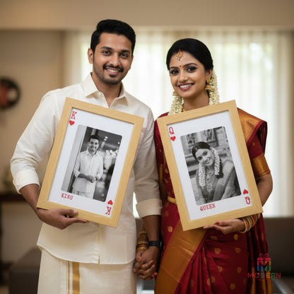 Personalized King and Queen couple photo frames held by a newly married husband and wife