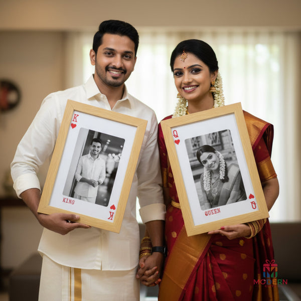 Personalized King and Queen couple photo frames held by a newly married husband and wife