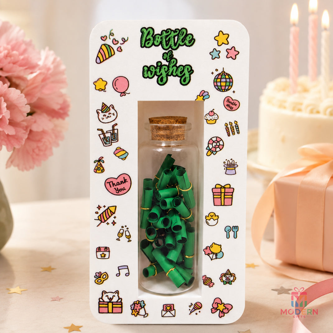 Bottle of Wishes gift filled with colorful wish messages in a beautifully designed personalized gift box
