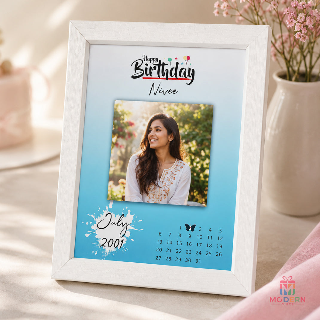 Personalized birthday photo frame featuring a custom photo, name, birth month and calendar design