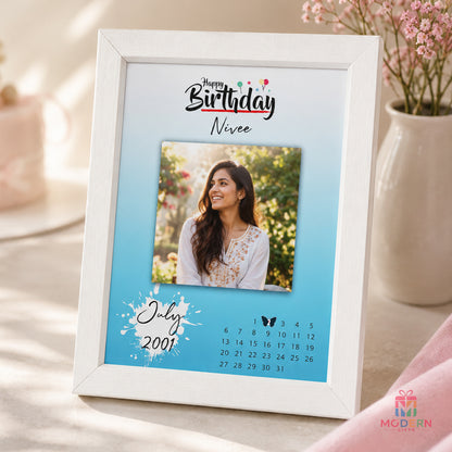 Personalized birthday photo frame featuring a custom photo, name, birth month and calendar design
