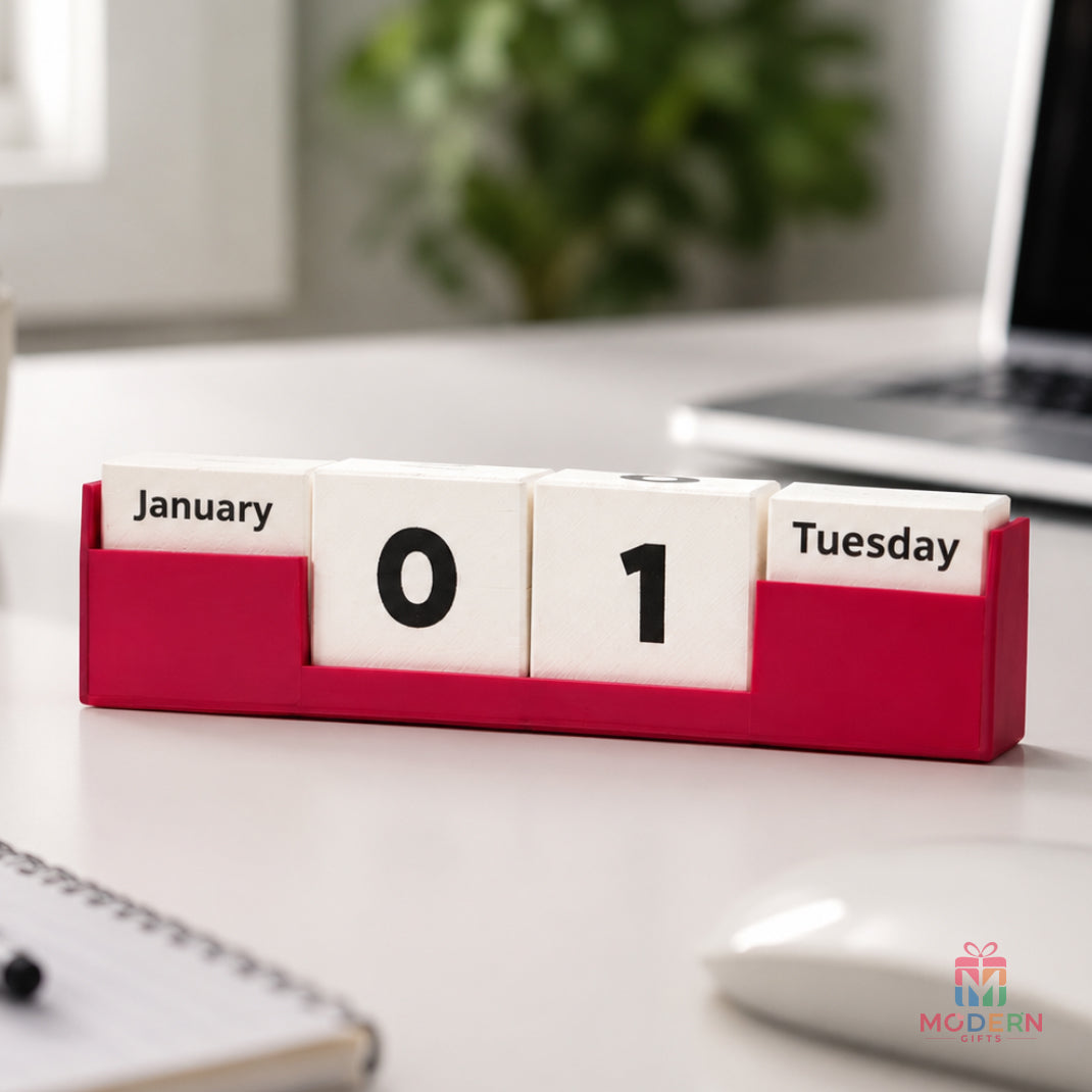 Cube calendar desk accessory displaying day date and month