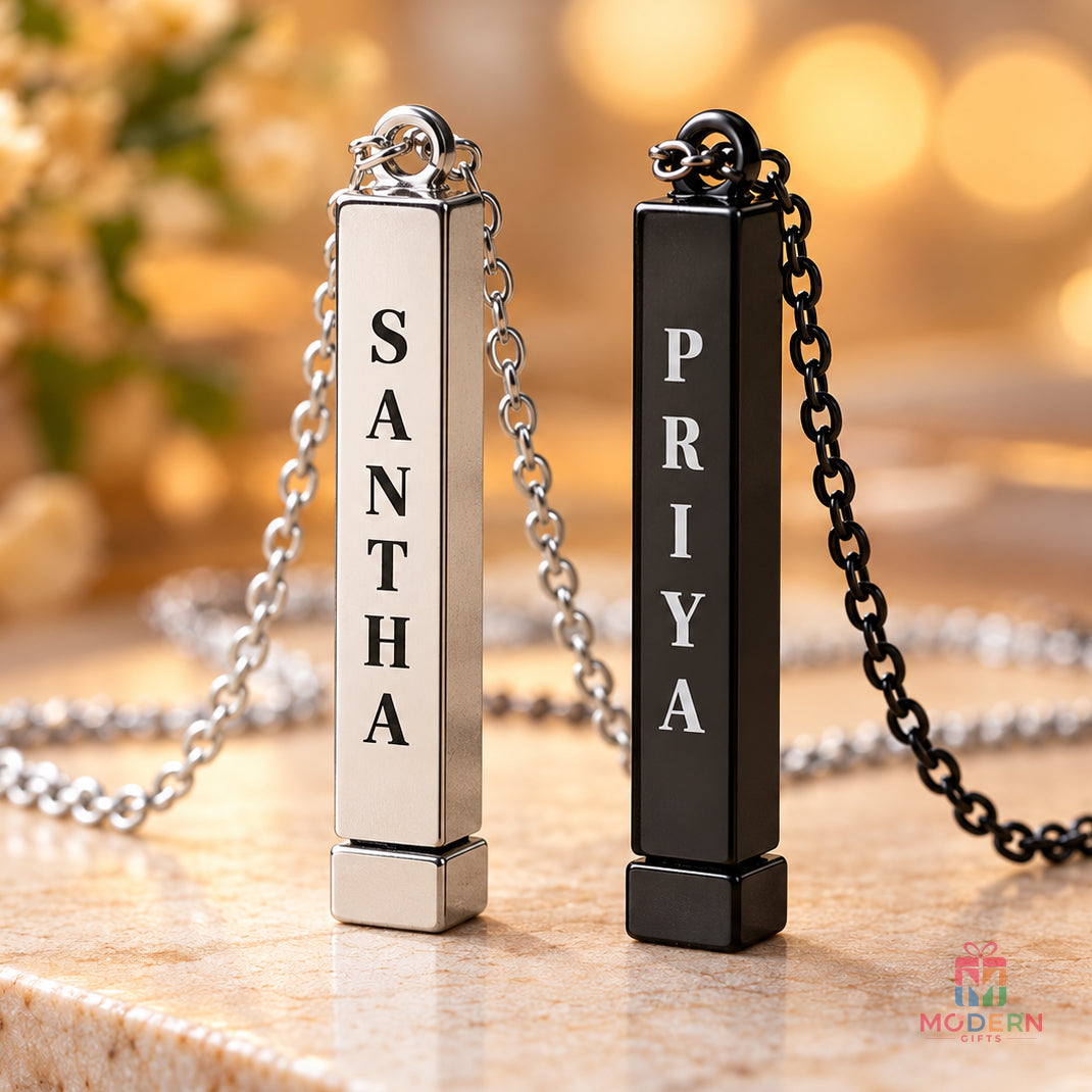 Personalized Hidden Pendant with customized vertical names in black and silver