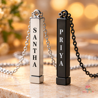 Personalized Hidden Pendant with customized vertical names in black and silver