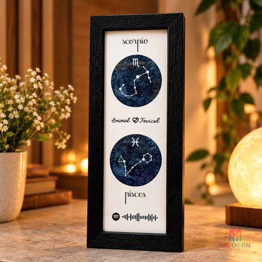 Personalized zodiac constellation frame featuring two zodiac signs and custom names