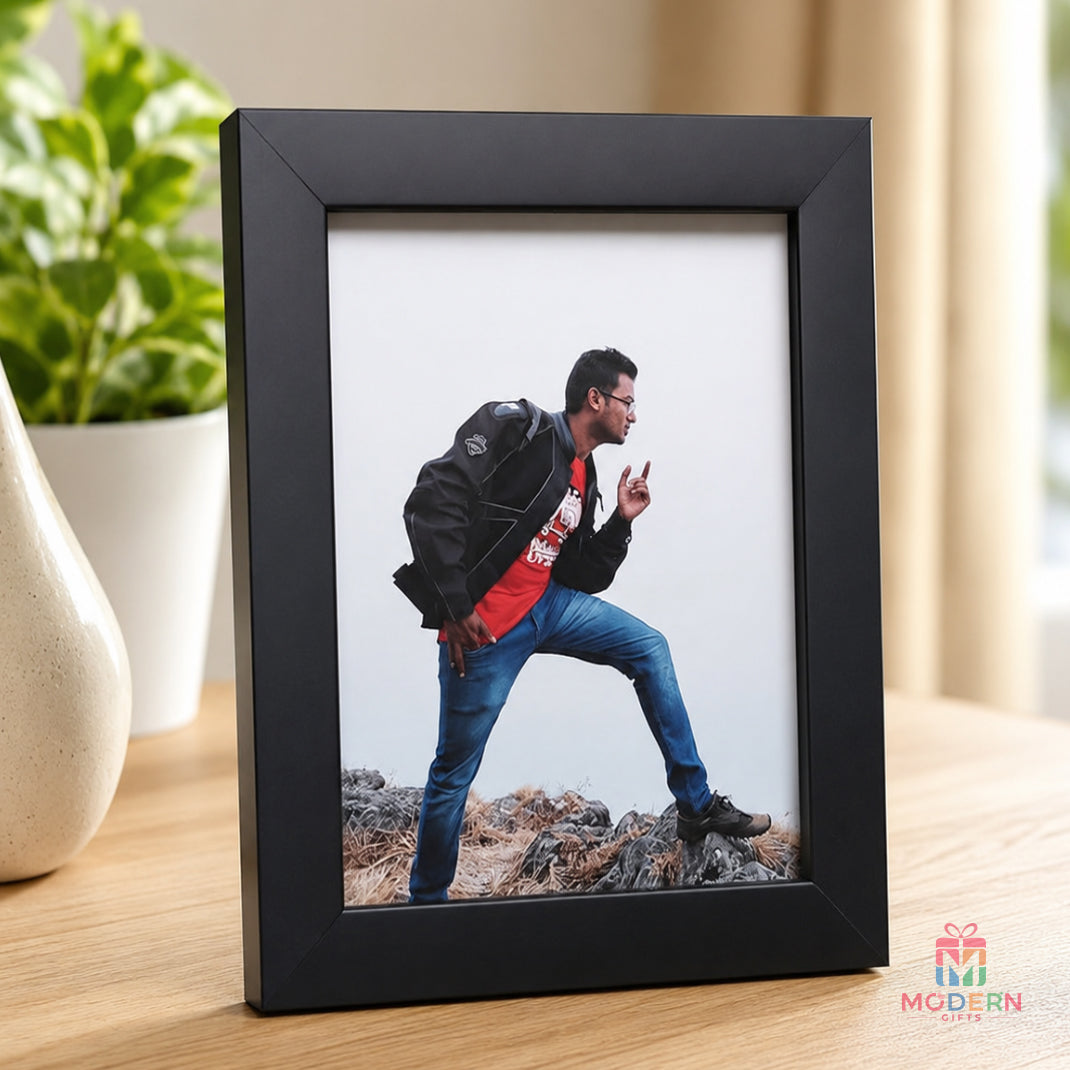 5x7 black photo frame displaying a personalized portrait photo, ideal for home décor and gifting