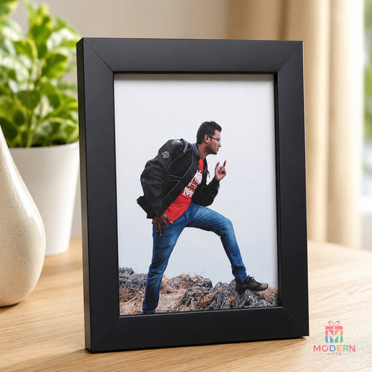 5x7 black photo frame displaying a personalized portrait photo, ideal for home décor and gifting