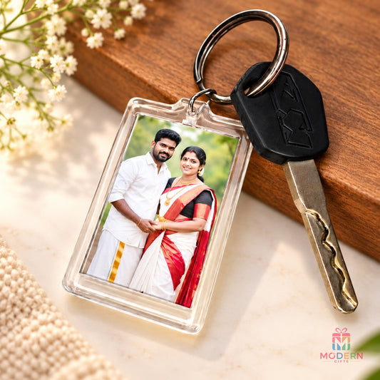 Double size personalized photo keychain with a custom couple photo and 7.5 cm x 4.5 cm design