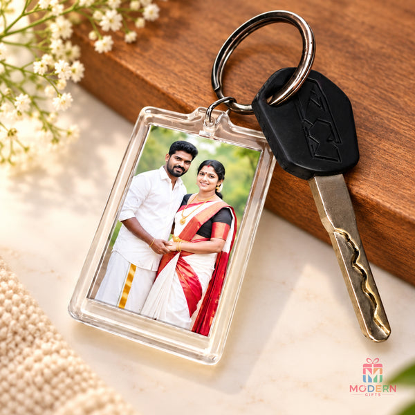 Double size personalized photo keychain with a custom couple photo and 7.5 cm x 4.5 cm design