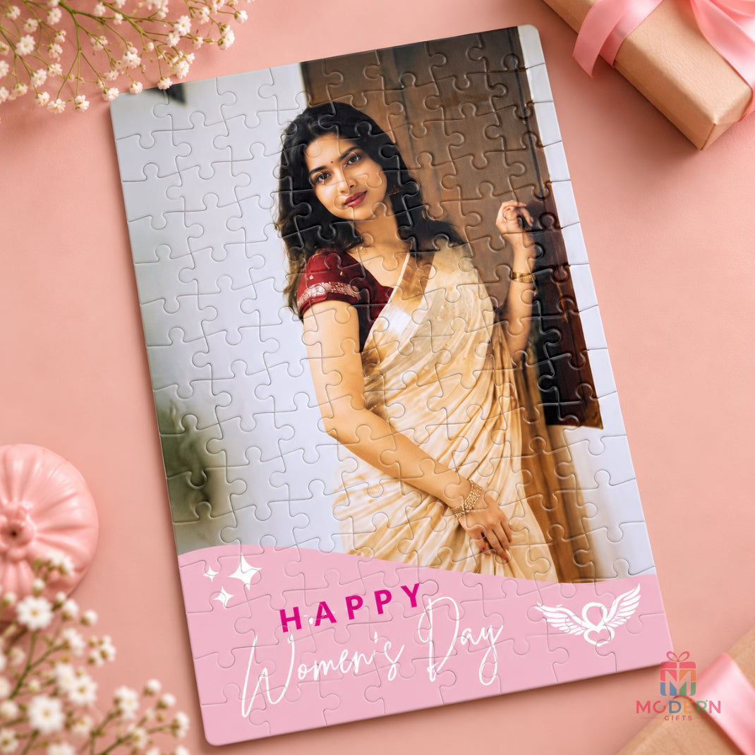Personalized Women’s Day photo puzzle featuring a memorable photo and pink Women’s Day design