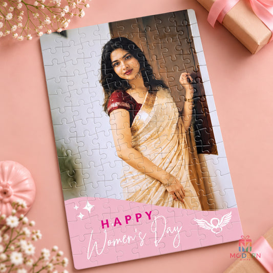 Personalized Women’s Day photo puzzle featuring a memorable photo and pink Women’s Day design