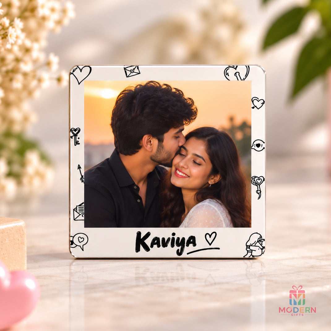 Personalised photo magnet with Durga name and custom photo displayed on a refrigerator
