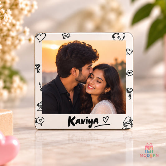 Personalised photo magnet with Durga name and custom photo displayed on a refrigerator
