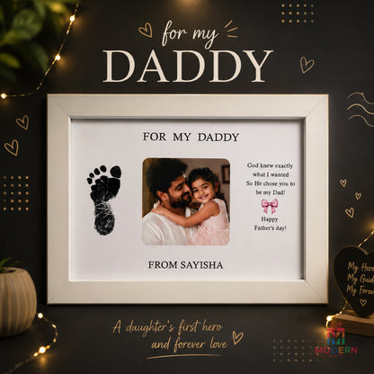Personalized Father’s Day photo frame with dad and child photo, name and baby footprint design