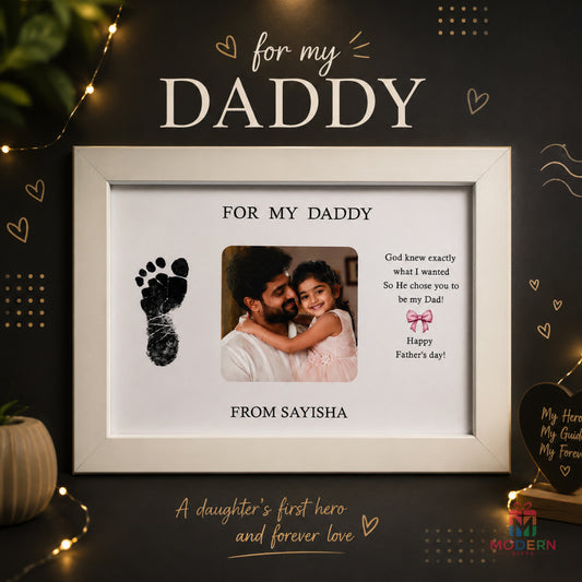 Personalized Father’s Day photo frame with dad and child photo, name and baby footprint design