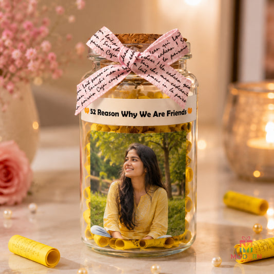 Personalized 52 Reasons Why We Are Friends gift jar with friendship notes and photo, perfect for best friends