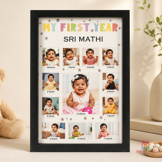 Personalized A3 baby first year photo frame with monthly milestone pictures and 12-month baby photo collage