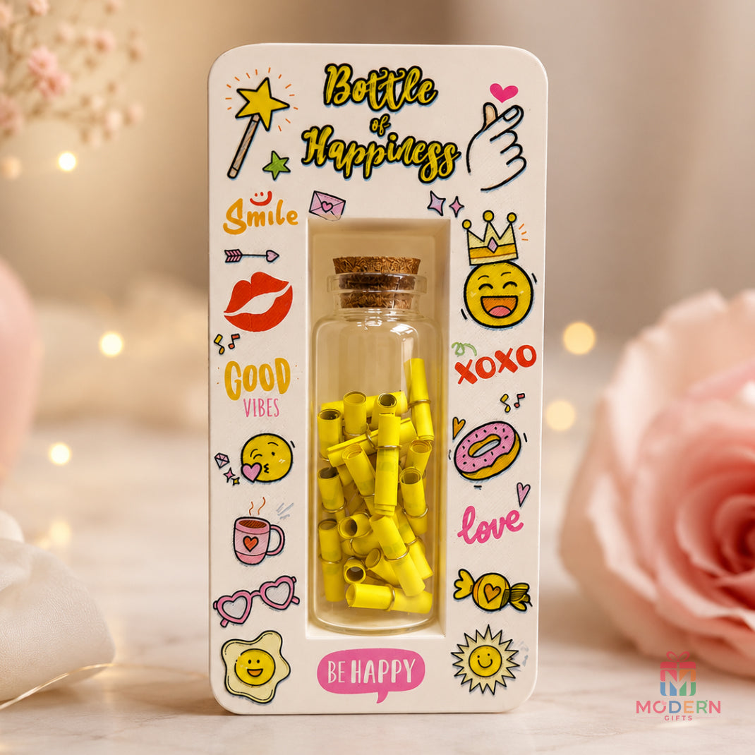 Personalized Bottle of Happiness gift with colorful message scrolls and decorative keepsake packaging