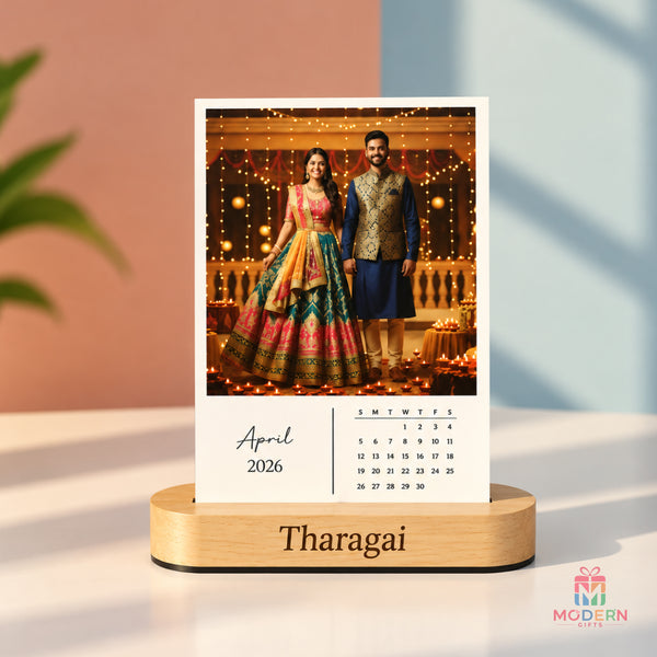 Personalized photo calendar stand featuring a couple photo, monthly calendar and custom name on a wooden base