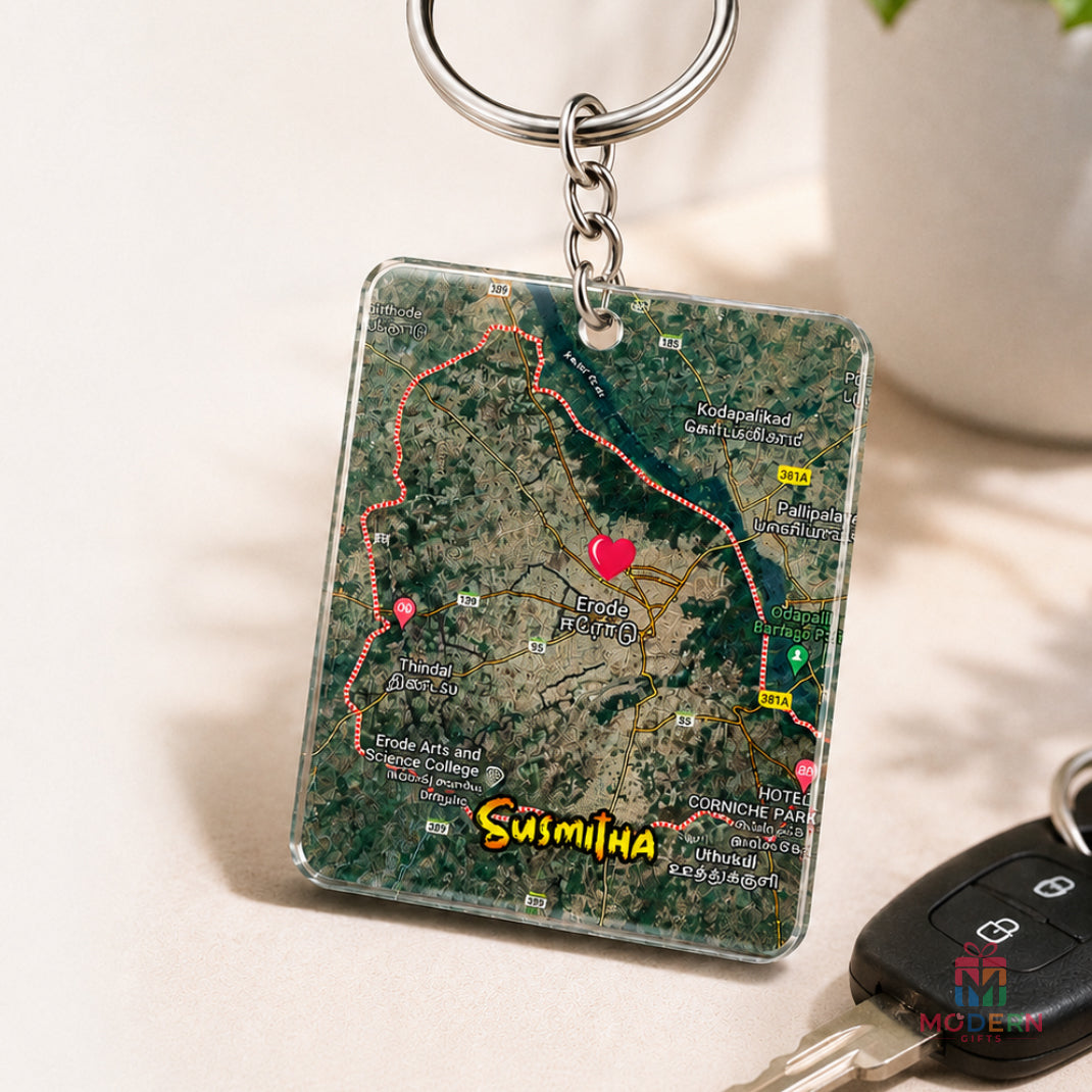 Personalized Map Keychain featuring a custom Erode location map, heart marker, and name Smitha on a transparent acrylic keychain.