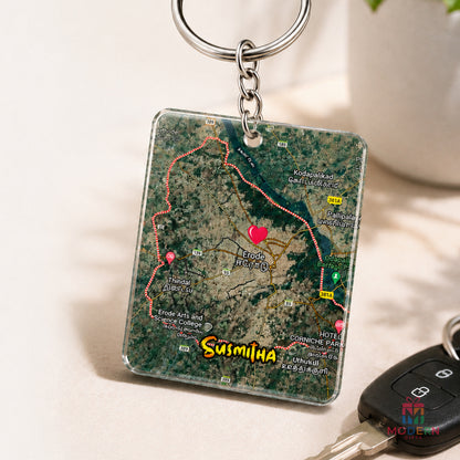 Personalized Map Keychain featuring a custom Erode location map, heart marker, and name Smitha on a transparent acrylic keychain.