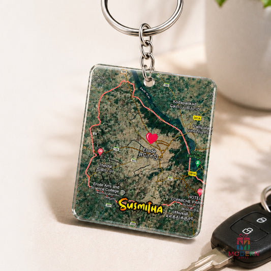 Personalized Map Keychain featuring a custom Erode location map, heart marker, and name Smitha on a transparent acrylic keychain.