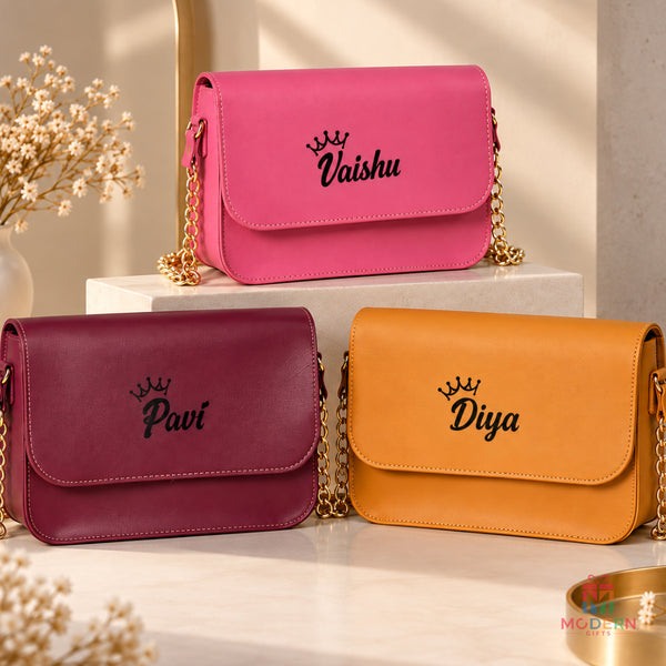 Customized name handbags for girls in pink, maroon and orange with personalized names