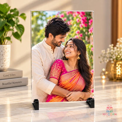 A4 personalized acrylic photo frame displaying a couple photo, with a clear premium finish and tabletop stand