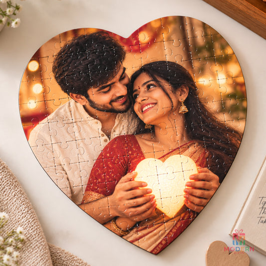 Personalized heart shaped photo puzzle featuring a romantic couple photo and interlocking puzzle pieces