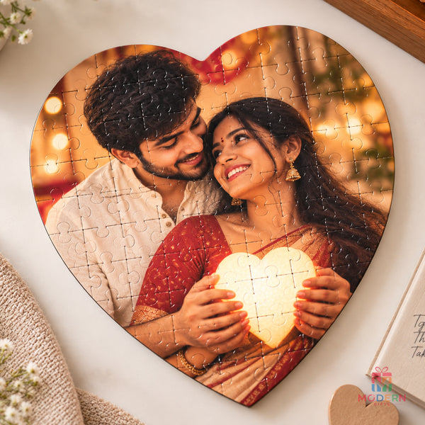 Personalized heart shaped photo puzzle featuring a romantic couple photo and interlocking puzzle pieces