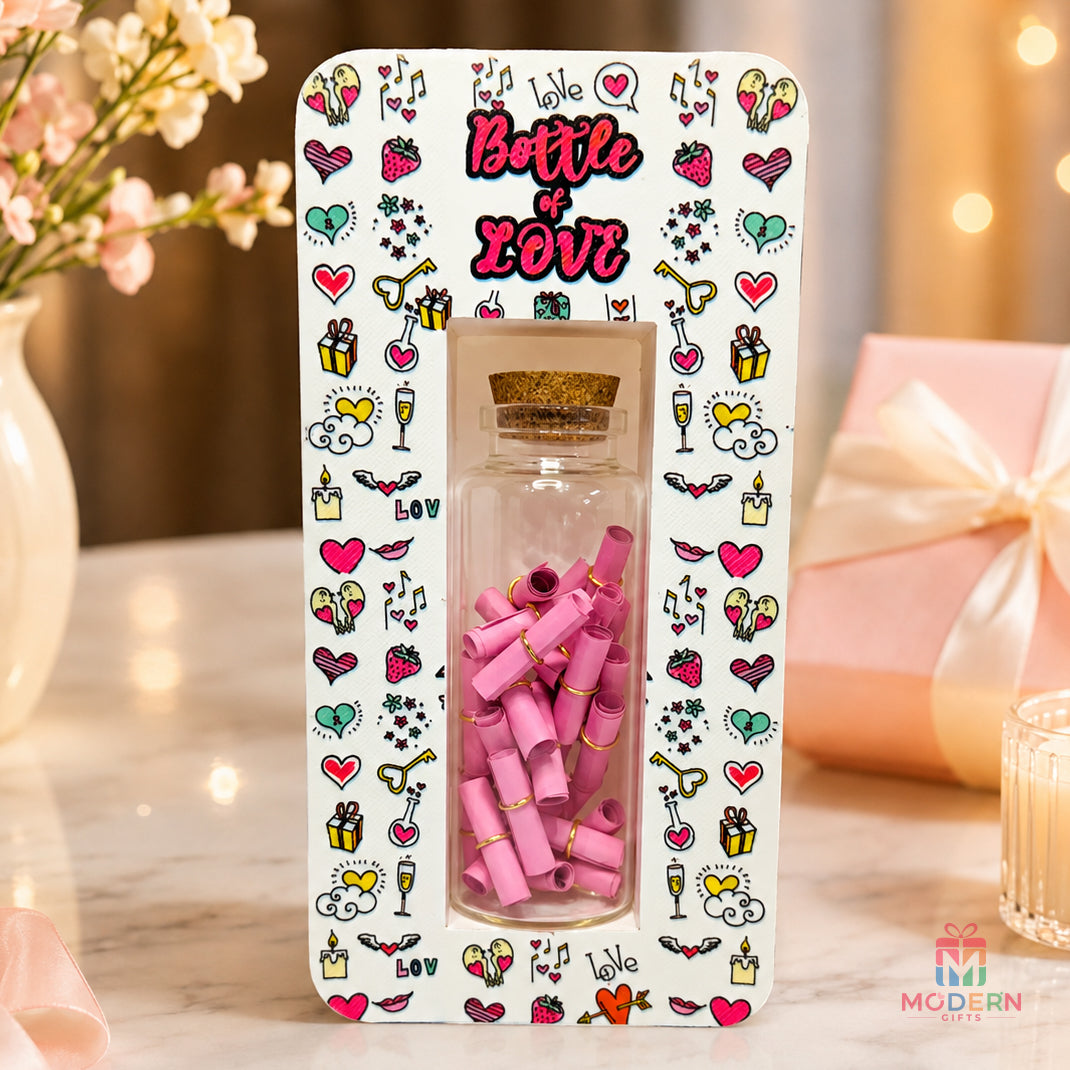 Personalized Bottle of Love with pink message scrolls, romantic heart-themed design and decorative gift packaging