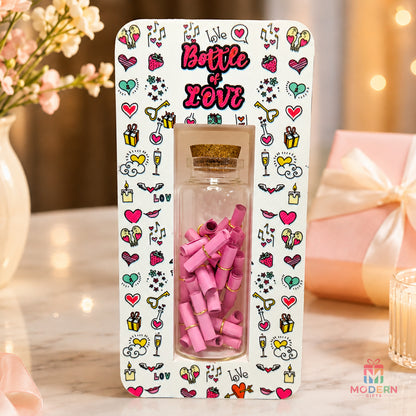 Personalized Bottle of Love with pink message scrolls, romantic heart-themed design and decorative gift packaging
