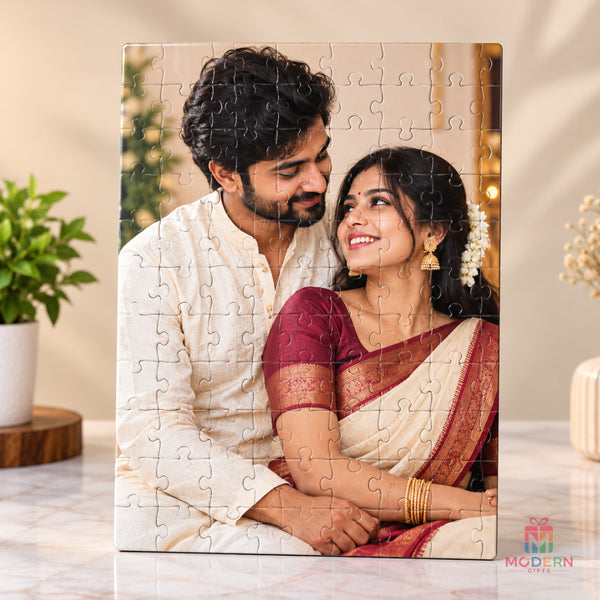 Personalized A4 photo puzzle frame featuring a couple's photo, with assembled puzzle pieces displayed on a tabletop
