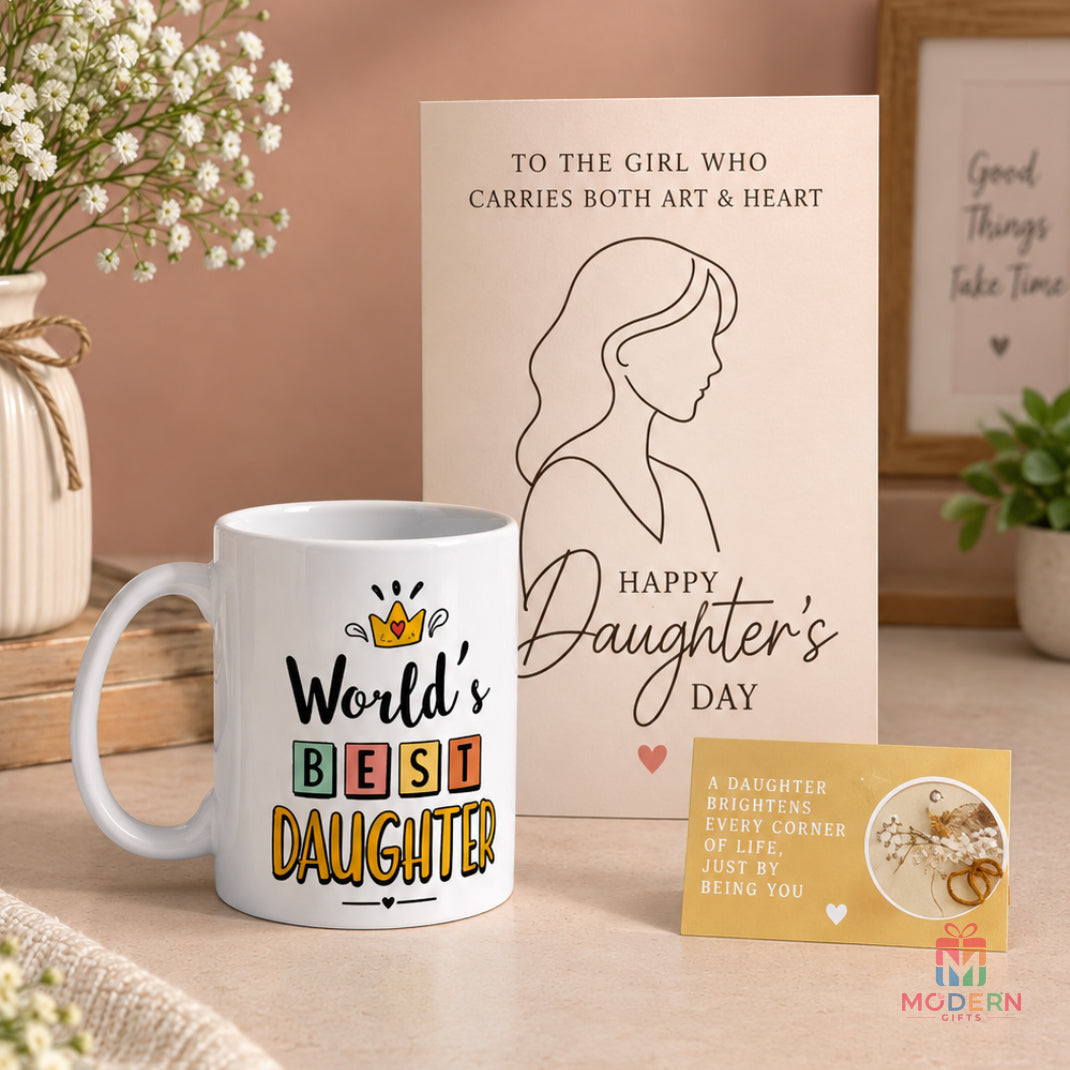 Daughter’s Day gift combo with personalized photo mug, earrings and greeting cards