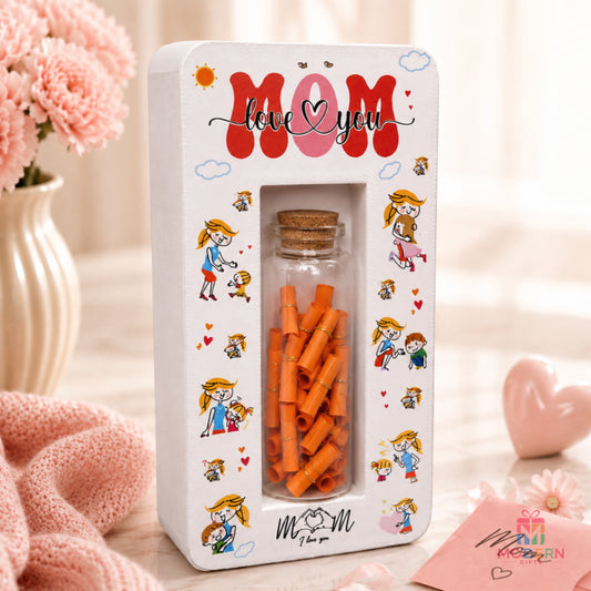 Love You Mom message bottle gift filled with handwritten notes in a decorative gift box