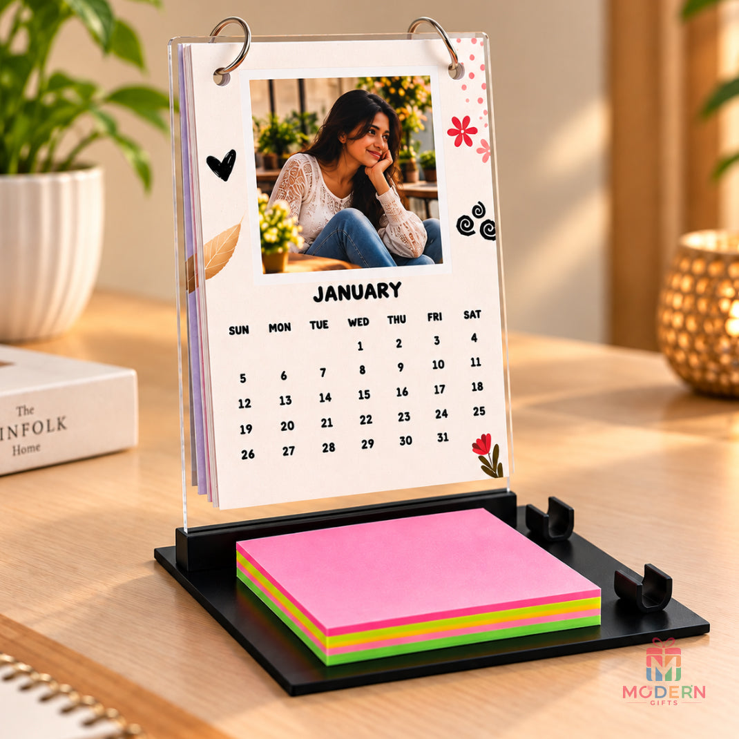 Premium acrylic calendar stand with personalized photo, monthly calendar and note pad