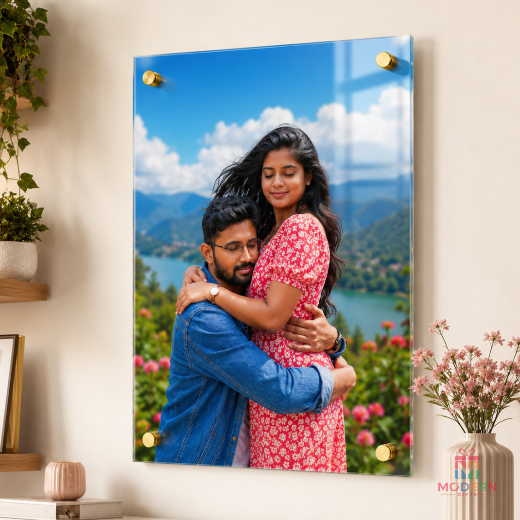 A3 personalized acrylic photo frame displaying a couple photo, featuring a premium clear finish and easy wall mount design