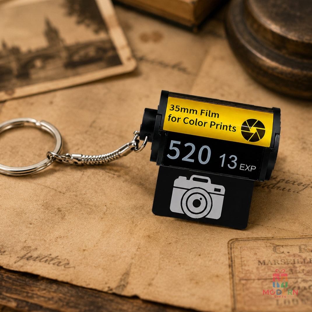 35mm film roll inspired keychain with a classic camera design for carrying cherished memories