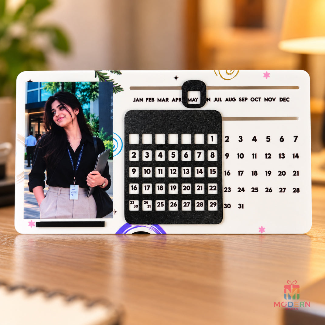 Customised unique photo calendar stand with movable date display