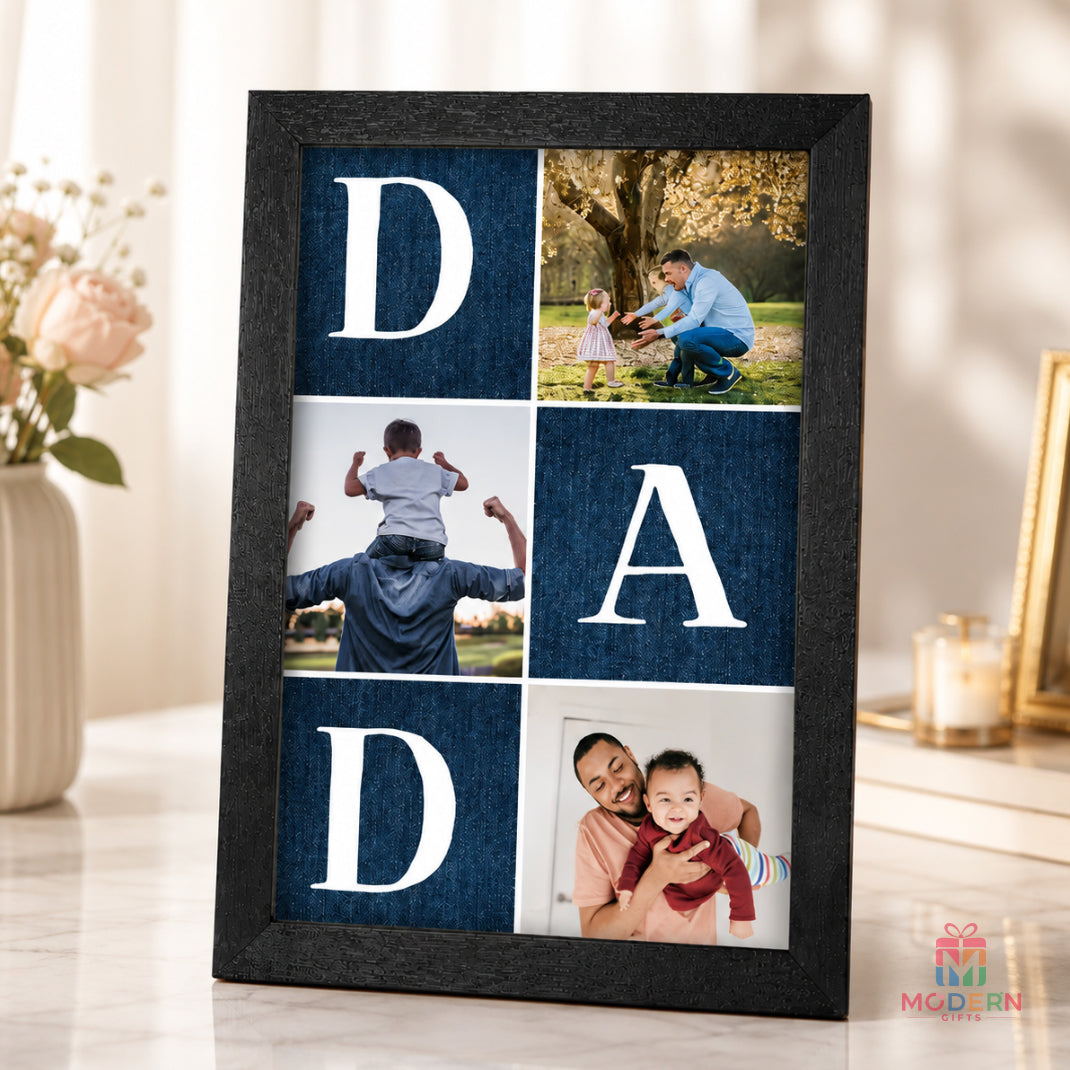 Personalized Dad Photo Frame with three family photos in DAD design