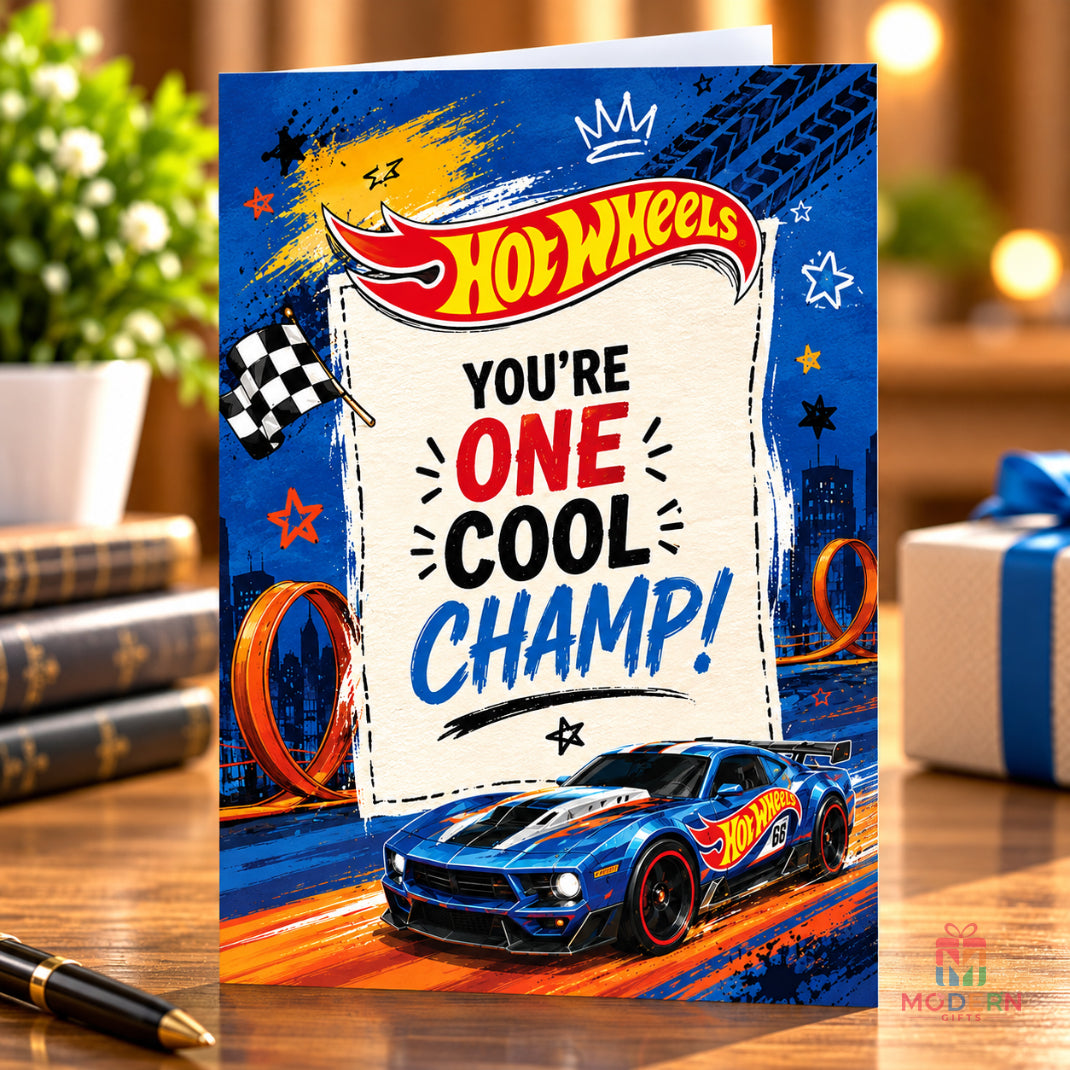 A fun and energetic Hot Wheels-inspired greeting card made especially for car lovers, diecast collectors and racing fans. Perfect for adding a cool, personal touch to any special occasion.