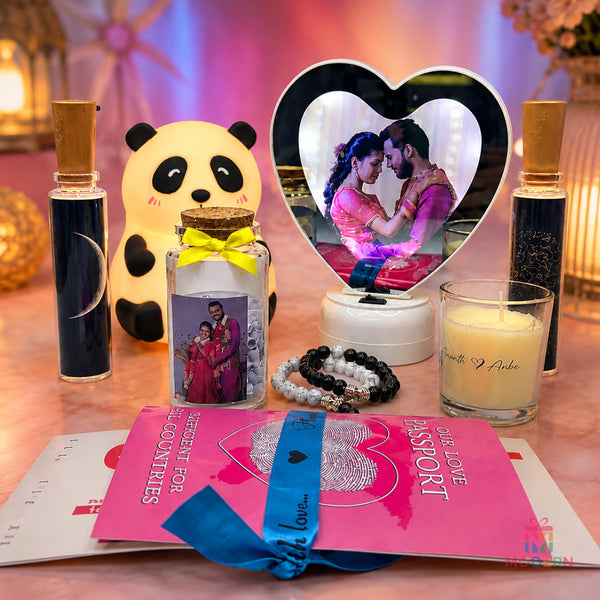 Lovely Love Combo featuring a heart-shaped LED photo lamp, personalized photo jar, panda plush toy, perfume bottles, romantic candle, bracelets, and love passport gift set.