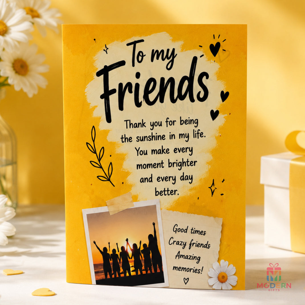 Personalized To My Friend greeting card with yellow friendship theme, photo space, heartfelt messages and custom name insert