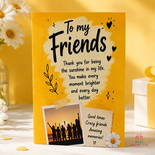 Personalized To My Friend greeting card with yellow friendship theme, photo space, heartfelt messages and custom name insert