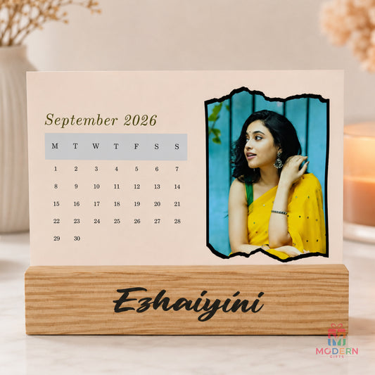 Personalised photo calendar with custom name on wooden base and favourite photo for desk décor
