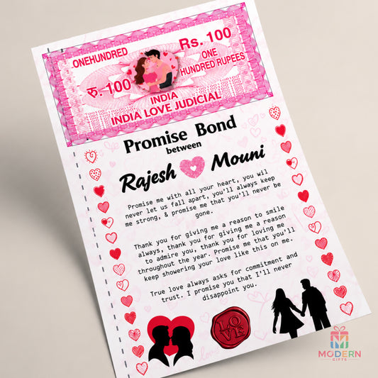 Personalized Promise Bond love certificate with couple names and ₹100 Love Bond design